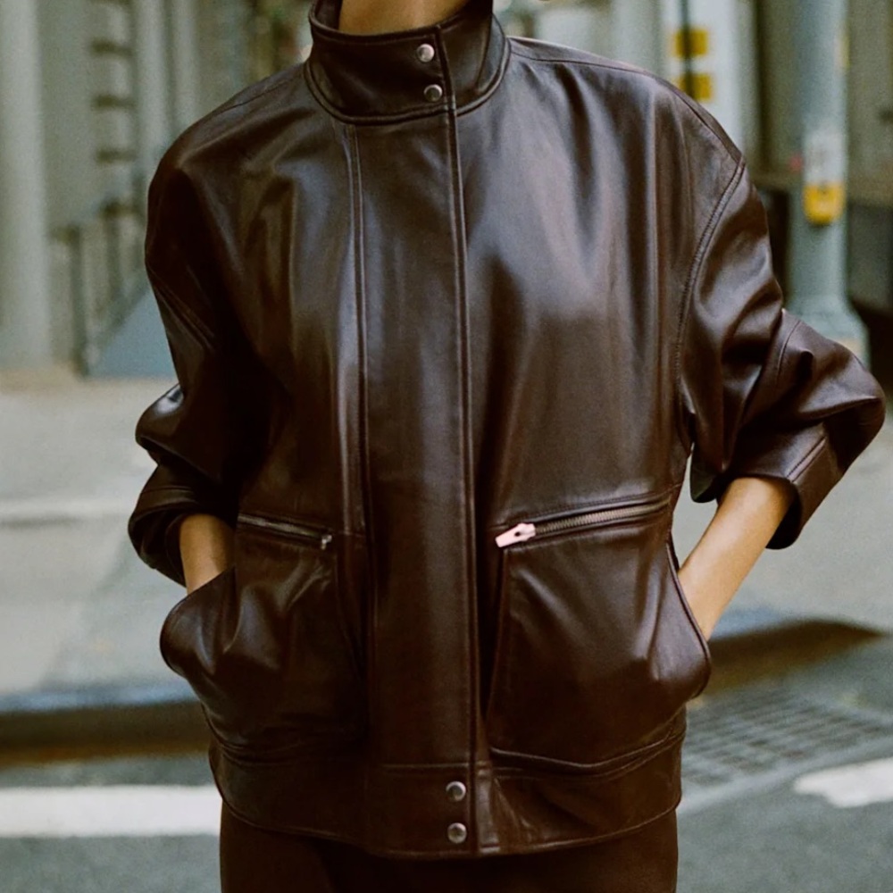Reformation Veda Harrison Leather Oversized Bomber Jacket Brown XS NEW - Picture 4 of 5